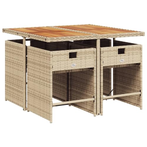 Image of 5-Piece Beige PE Rattan and Acacia Wood Patio Dining Set with 4 Chairs, Compact Foldable Outdoor Furniture for Garden Backyard, Weather-Resistant Cushions and Durable