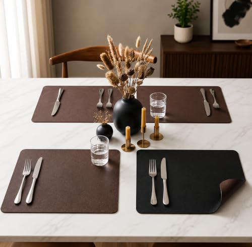 ServKitch Premium Double-Sided PU Leather Placemats Set of 4 | Reversible Brown & Black Table Mats | Waterproof, Heat Resistant Dining Mat | Easy to Clean Non-Slip Placemats | 45 x 30 cm
