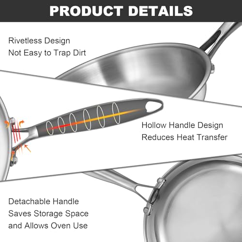 Tri-Ply Stainless Steel Frying Pans Set, 8”/10”/12” Cooking pans, PFOA&PTFE Free Skillet, Induction Cooking Pan, Dishwasher and Oven Safe, Fast & Even Heat, Heavy Duty and Detachable Handle - Image 6