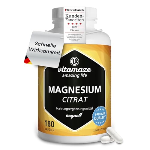 Magnesium-Citrat Kapseln hochdosiert & vegan, 2250 mg davon 360 mg elementares Magnesium pro Tagesdosis, 180 Kapseln für 2 Monate, Natürliches Supplement ohne Zusatzstoffe, Made in Germany