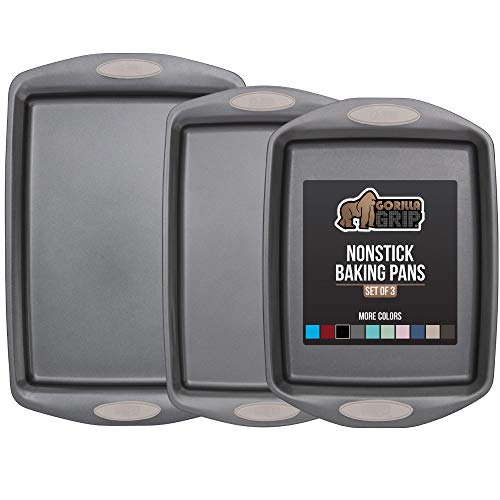Gorilla Grip Non Stick Jelly Roll Baking Pans, Thick Warp Proof, 3 Piece, Durable Silicone Handles, Kitchen Oven Pan Bakeware Set, Cooking, Roasting Sets, Easy Clean, Set of 3, Almond
