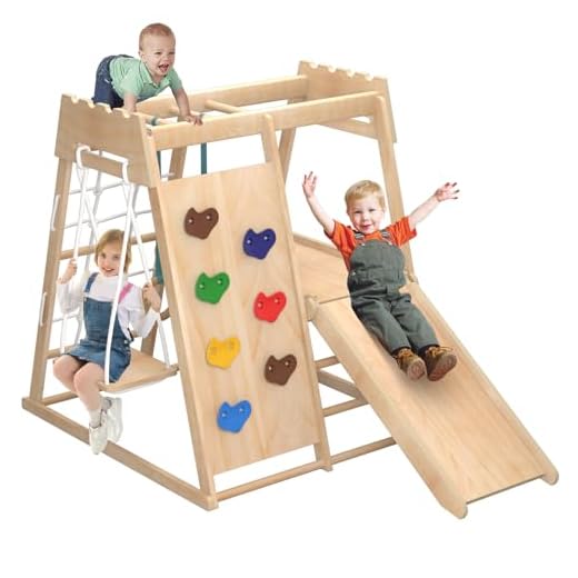 8-in-1 Indoor Playground, Indoor Jungle Gym for Toddlers, Kids Climbing Toys Indoor, Wooden Montessori Climber Playset with Swing, Slide, Monkey Bar, Wood Ladder, Climbing Net & Rock, Gymnastic Rings