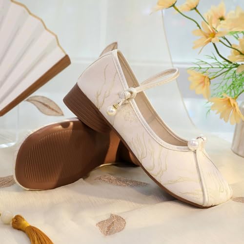 2025 Women's Chinese Style Hanfu Embroidered Shoes Elegant Pearl Low Chunky Heel Mary Jane Shoes Casual Comfort Ankle Strap Shoes Cheongsam Walk Show Yoga Ballet Shoes4