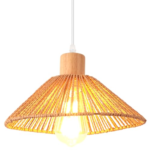 iDEGU Lámpara Colgante de Ratán Madera, 26cm Vintage Lámpara de Techo Moderna Estilo Boho Tulipa en Madera y Cuerda de Cáñamo E27 Luz Colgante Retro para Salón Dormitorio Cocina Comedor Café (Marrón)