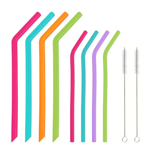 SYEYCW 8 Piezas Pajitas de Silicona Reutilizables, Suave Pajas Coloridas con 2 Cepillos de Limpieza, Adulto Niños Pajitas de Curva de Silicona, para Batidos, Jugo, Café, Cóctel, 5 Colores