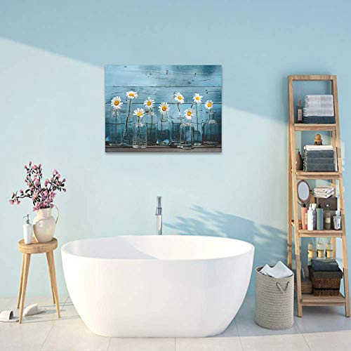 1 Panel Vintage Flower Canvas Wall Art For Home Office Bathroom Decoration Modern Floral Canvas Artwork Daisy Flower Vase Picture Giclee Print On Canvas Blue Wooden Board Art Ready To Hang #TOP3