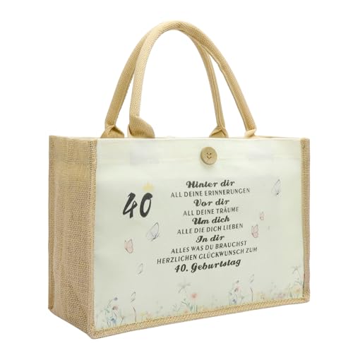 KQDRAVINE Bolsa Yute 40 Cumpleaños Mujer, Shopper Eco Sostenible Reutilizable Plegable, Regalo Original 40 Años para Mamá, Amiga, Colega, Bolso Elegante para Fiesta y Uso Diario