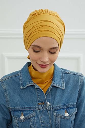 Aisha's Design Instant Turban Head Wrap with Crosswise Style, Pretied Combed Cotton Scarf Hijab for Women, Mustard Yellow