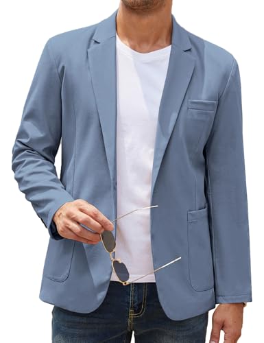 COOFANDY Men's Casual Linen Blazer Lightweight Regular Fit One Button Sport Coat Wedding Suit Jacket Denim Blue