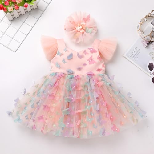 Baby Girl Butterfly Dress Flutter Sleeve Princess Tulle Tutu Dress with Flower Headband Birthday Party Dress3