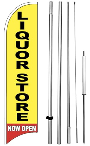 LIQUOR STORE NOW OPEN Windless Feather Swooper Flag Banner Sign 15 Feet Tall Pole Kit yrb-h