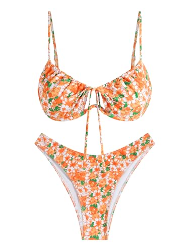 Image of ZAFUL Women High Cut Bikini Sets String Sexy Swimsuit Two Piece Underwire Bathing Suit Brazilian Cheeky Cut Out Cute Swimwear