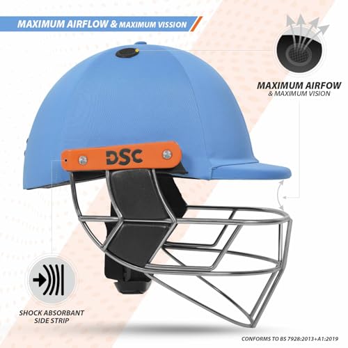 Image of DSC Empra Titanium BSI Approved Professional Cricket Helmet | BS7928 Certified Pro-Standard Hard Ball Helmet with Ultra-Light Titanium Grill & Advanced Shock Absorption | Color: Sky Blue | Size: S