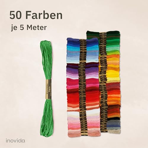 Stickgarn Set 50 Farben je 5 Meter – Freundschaftsarmbänder selber Machen – Nähgarn Set zum Sticken, Armband knüpfen, Basteln, Armband flechten – Kreuzstich Stick – Embroidery Thread – Inovida
