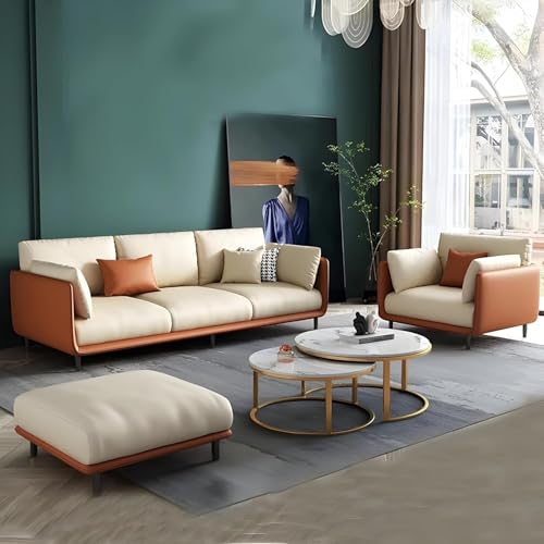 Image of Modern & Luxury Velvet Comfortable Sofa with Cushion Chaise Lounge Sectional Sofa Ideal for Living Room and Bedroom, Visitors' Home and Office. (3+1+1 Tan Leather+Velvet Beige)