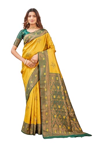 Image of Women's Banarasi Silk Saree with Rich Pallu, Jacquard Zari Weaving Work & Unstitched Blouse Piece, Traditional Ethnic for Wedding, Party & Festive Occasion