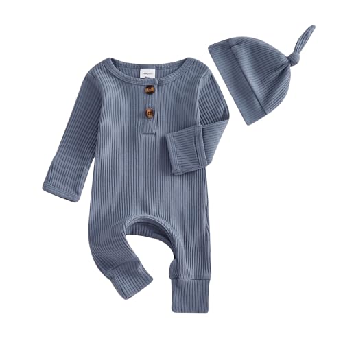 Neutral Baby Clothes Newborn Girl Boy Coming Home From Hospital Outfit Cute Ribbed Knit One-Piece Romper Jumpsuit Hat