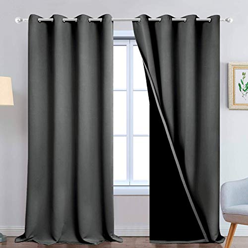 Image of Yakamok Dark Grey 100% Blackout Curtains 108 Inches Long 52 inch Wide 2 Panels | Blackout Curtain Panels for Bedroom, 2 Thick Layers Grommet Top Thermal Insulated Drapes with Black Liner for Living Room