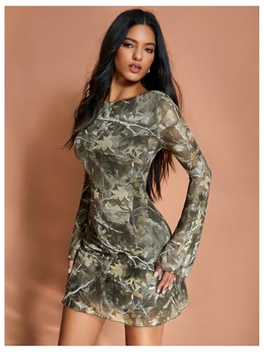 Image of MakeMeChic Women's Cheetah Print Mini Dress Y2k Bell Sleeve Leopard Print Dress Going Out Outfits