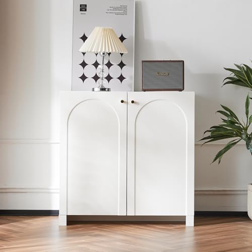 BTM Buffet Blanc et Bois, Buffet 80cm, Meuble de Cusine avec 2 Portes, avec Poignées en Métal, 80x40x80cm