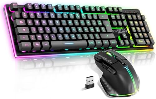 Spirit of Gamer, Pack Clavier Souris sans Fil Gamer Rechargeable RGB, Structure Aluminium, AZERTY FR Rétroéclairé, Gaming Keyboard Semi Mécanique, Wireless Mouse 4800 DPI, PS4/PS5, PC, Xbox, Noir