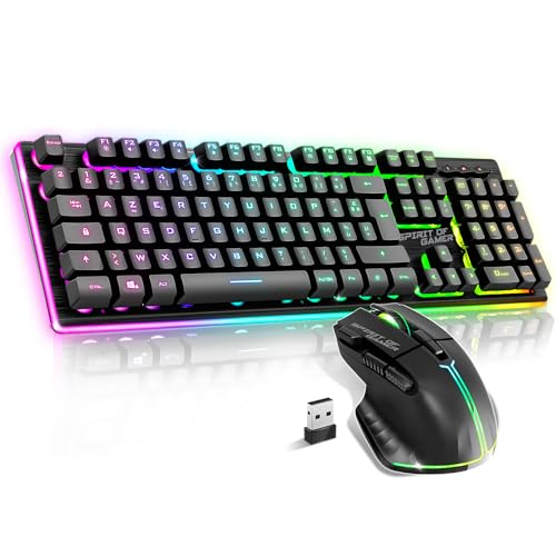 Spirit of Gamer, Pack Clavier Souris sans Fil Gamer Rechargeable RGB, Structure Aluminium, AZERTY FR Rétroéclairé, Gaming Keyboard Semi Mécanique, Wireless Mouse 4800 DPI, PS4/PS5, PC, Xbox, Noir