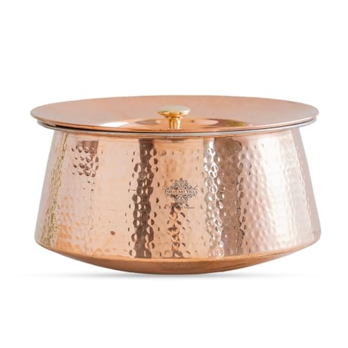 Image of Indian Art Villa Copper Hammered Patila with Lid, 9 Inch, Tin-Lined Cookware for Traditional Indian Cooking, Handcrafted Patila for Biryani, Curries & Daily Kitchen Use