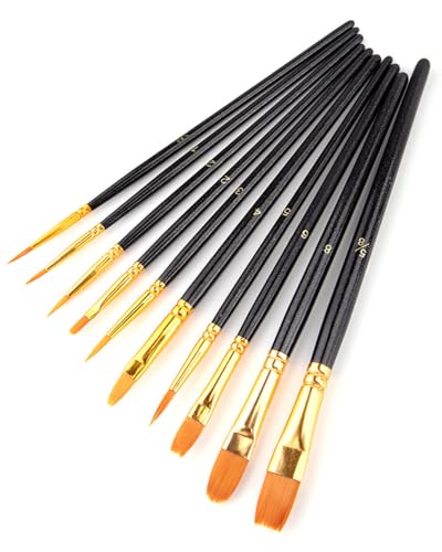 BAVALIN 10 Pezzi Pennelli Per Dipingere - Pennelli Pittura in Nylon Art Pennelli Professionali per Vernici Acriliche, Acquerelli, Oli e Pittura Viso per Artisti e Principianti (Nero)