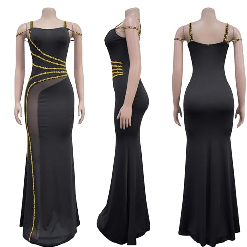 Image of Nagfar Women's Sexy Rhinestone Dresses Spaghetti Strap Halter Mesh Long Dress Birthday Party Club Night Outfit(S7027-Gold-S)
