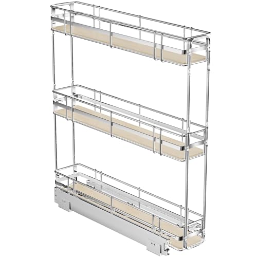 ROOMTEC 3-Tier Pull Out Cabinet Organizer Spice Rack for Narrow Cabinet 5' W x 20½' D, Slide Out Wood Shelves Storage for Kitchen