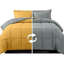 Elegant Comfort 3-Piece Reversible Comforter Set, All Season Cozy, Soft Down Alternative, Quilted - Box Stitched - Duvet Insert with 4 Corner Tabs, Comforter with Shams, Queen, Yellow/Gray