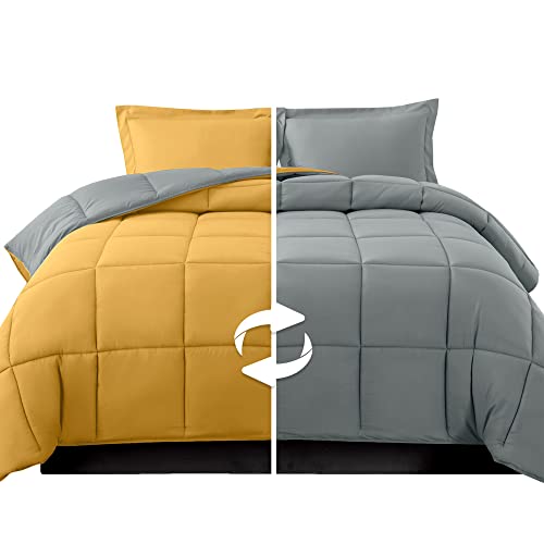 Image of Elegant Comfort 3-Piece Reversible Comforter Set, All Season Cozy, Soft Down Alternative, Quilted - Box Stitched - Duvet Insert with 4 Corner Tabs, Comforter with Shams, Full, Yellow /Gray