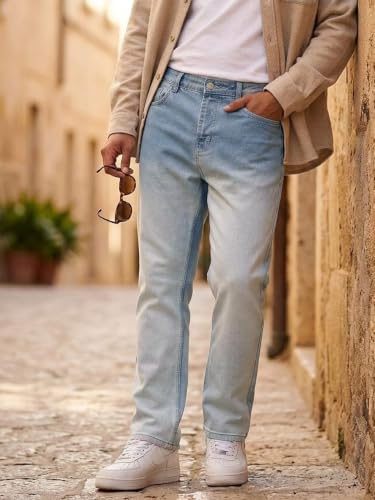Image of Urbano Fashion Men's Straight Fit Heavy Washed Faded Denim Jeans Stretchable