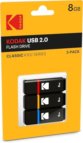 Kodak - Lot de 3 Clés USB 8Go Classic K102 Series - Clef USB Compatibilité Universelle USB 2.0 - USB Key 54x12x6mm - Vitesse de Lecture 15MB/s Max - Vitesse d'Écriture 5MB/s Max - Noir et Rouge