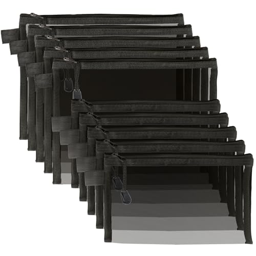 OZY 10 Pieces Nylon Zipper Mesh Pouch,Cosmetic Bags,Zipper Bags for Organizing Storage,Puzzle, Board Games,Multipurpose Travel Bags and Office Supplies (Black)