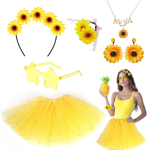 SAIIURV 6 Pièces Costume Tournesol pour Femmes, Jupe en Tulle Jaune, Bandeau Tournesol, Tournesol Boucles D'Oreilles, Colliers,Bracelets, Costume de Tournesol...