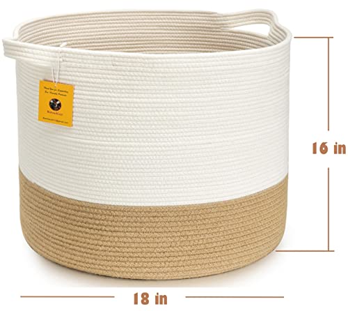 Bambiso Large and Tall Jute and Cotton Rope Basket Woven Storage Basket 18\"x18\"x16\", Natural Jute Laundry Basket, Blanket Basket, Yoga Mat Basket, Home Decor Basket (Large and Tall) - Thumbnail 2