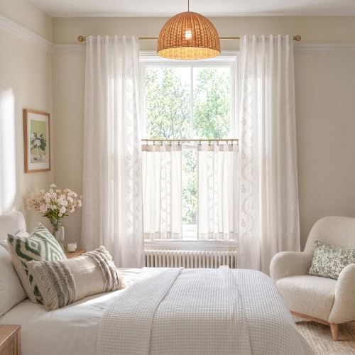 Image of jinchan White Floral Linen Kitchen Tier Curtains 24 Inch, 2 Panels