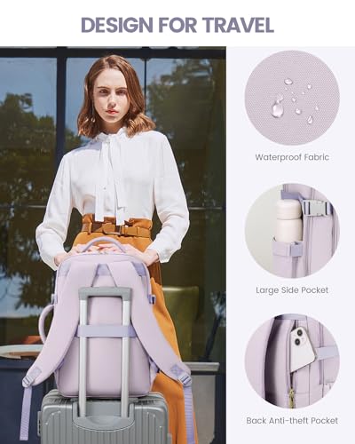 Image of LOVEVOOK Travel Backpack For Women, 40L Carry On Backpack Flight Approved, TSA Personal Item Travel Bag Fits 17 Inch Laptop, Business Weekender Overnight Waterproof Daypack With 2 Cubes, Light Purple