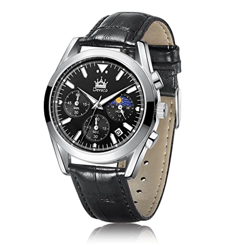 devaco Night Light Chronograph Watch for Men Quartz Casual Mens Watches?Genuine Leather Strap Waterproof Watches for Men