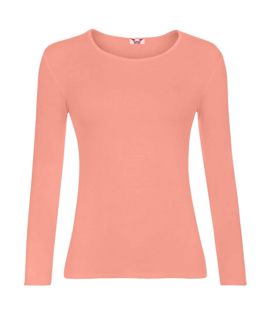 KATSSI Women’s Ladies Long Sleeve Stretch Plain Round Scoop Neck T Shirt Top XXXL Peach