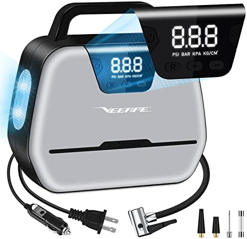 VEEAPE Air Compressor Portable Tire Inflator, Air Pump for Car Tires 12V DC / 110V AC Tire Pump with Tire Pressure Gauge, 150PSI Air Compressors for Car, Bike, Motorcycles, Air Mattress, Boats (Gray)
