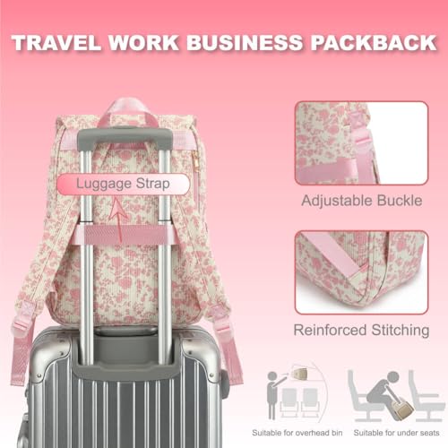 Image of Women Laptop Backpack, Corduroy 15.6 inch Travel Backpack for Work College Business, Teacher Nurse Bag with Large Capacity School Bookbag Bags for Girls - Flowers Pink
