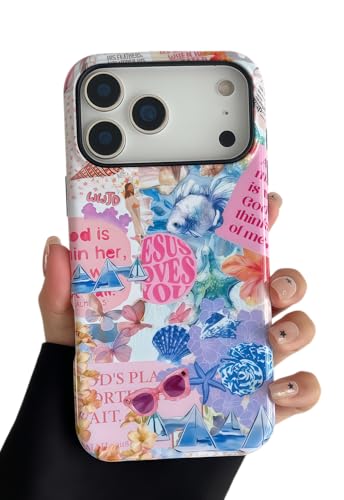 Longlayss Compatible with iPhone 17 Pro Cute Summer Phone Cases Flowers Jellyfish Starfish Seahorse Pattern Beautiful and Dazzling for Girls and Women Double-Layer Protective Case (Shell)