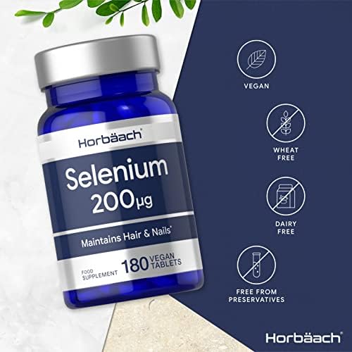 Selenium 200mcg Supplement | 180 High Strength Tablets | with L-Selenomethionine for Hair and Nails | Suitable for Vegans & Vegetarians | No Artificial Preservatives | by Horbaach