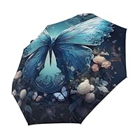 Mexpekil Blue Butterfly Floral Compact Umbrella Windproof Strong for Kids Women Men Auto Open Close Folding Umbrellas UV Protection Travel Umbrella for Sun Rain