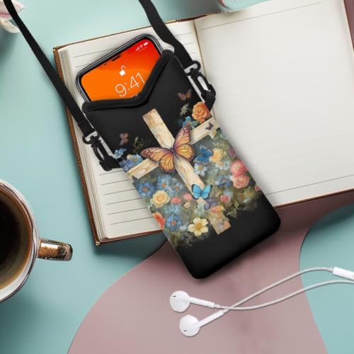 Image of Waterproof Phone Pouch Case Crossbody Cellphone Bag with Shoulder Strap Small Satchel Pouch Mini Travel Bag for Phone Key Power Bank Cash 8 x 4 inch, Butterfly Flower Cross Print Black