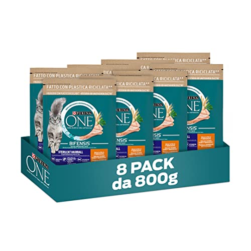 Purina One Bifensis Crocchette Gatto Sterilcat Hairball, 8 Confezioni da 800 g