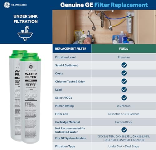 Image of GE Under Sink Water Filter Replacement, Dual Flow, Reduces Sediment, Rust & Other Impurities from Water, Fits GXK255TBN Under Sink Filtration System, Replace Every 6 Months, FQK2J, 2 Filters