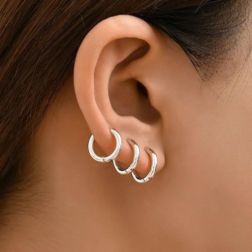 Image of Small Gold Huggie Hoop Earrings Set for Women Men Hypoallergenic 14K Plated Stack Cartilage Earrings, Sterling Silver Multiple Piercing Lightweight Mini Thin Cute Dainty Trendy Jewelry Gifts for Women
